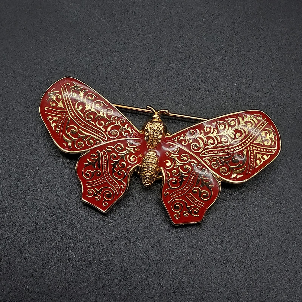 Red Enamel Butterfly Brooch ID Badge Eye Glasses Holder Esther Fuhrman NOS